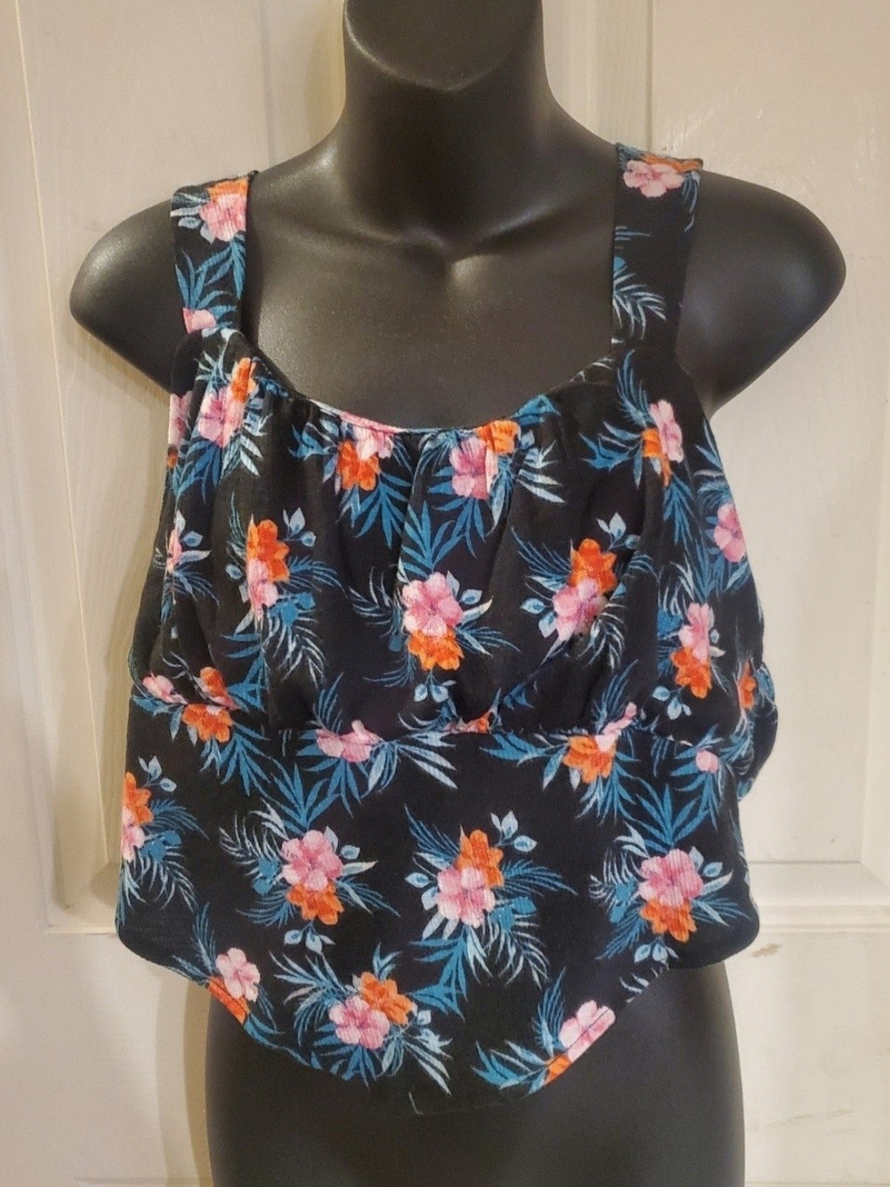 Black Floral Crop Top with Pink & Orange Blossoms